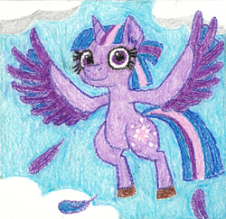 Size: 1837x1787 | Tagged: safe, artist:eternaljonathan, character:twilight sparkle, character:twilight sparkle (alicorn), species:alicorn, species:pony, colored, crayon, feather, female, flying, harpy pony, original species, solo, species swap, traditional art
