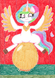Size: 1842x2597 | Tagged: safe, artist:eternaljonathan, character:princess celestia, colored, crayon, egg, feather, harpy pony, original species, species swap, traditional art