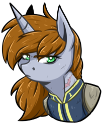 Size: 1449x1765 | Tagged: safe, artist:lrusu, oc, oc only, oc:littlepip, species:pony, species:unicorn, fallout equestria, bust, clothing, fanfic, fanfic art, female, horn, mare, portrait, scar, simple background, solo, transparent background, unamused, vault suit
