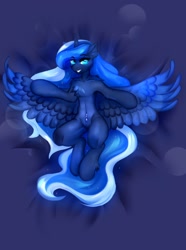 Size: 952x1280 | Tagged: safe, artist:dolorosacake, character:princess luna, species:alicorn, species:pony, beautiful, belly button, cute, female, flying, glowing eyes, looking at you, lying down, mare, semi-anthro, solo, spread wings, wings