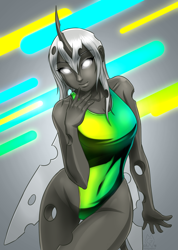 Size: 1568x2197 | Tagged: safe, artist:mykegreywolf, oc, oc only, oc:silver lies, species:changeling, species:human, changeling oc, clothing, female, glowing eyes, high-cut clothing, horned humanization, humanized, humanoid, looking at you, one-piece swimsuit, pony coloring, raffle prize, solo, succubug, swimsuit, white changeling, winged humanization, wings