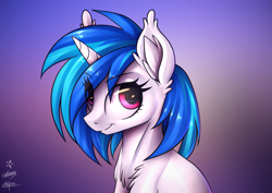 Size: 4093x2894 | Tagged: safe, artist:airfly-pony, artist:chickenbrony, artist:justafallingstar, rcf community, character:dj pon-3, character:vinyl scratch, species:pony, species:unicorn, absurd resolution, bust, chest fluff, collaboration, ear fluff, female, fluffy, mare, smiling, solo