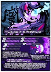Size: 696x984 | Tagged: safe, artist:terry, character:twilight sparkle, character:twilight sparkle (alicorn), species:alicorn, species:pony, ask friendly twilight, fan fiction fuel, reference sheet, sombra eyes, the literal bottom of the productivity barrel, trading card
