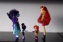Size: 6000x4000 | Tagged: safe, artist:artofmagicpoland, character:midnight sparkle, character:sunset shimmer, character:twilight sparkle, my little pony:equestria girls, birthday gift, doll, equestria girls minis, female, gift art, irl, midnight sparkle, photo, reaching out, toy