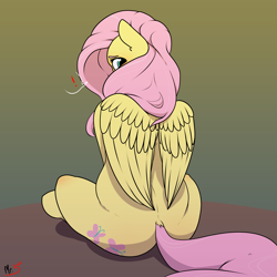 Size: 4000x4000 | Tagged: safe, artist:mr.smile, character:fluttershy, species:pegasus, species:pony, blushing, cute, dawwww, dock, female, flutterbutt, looking at you, looking back, looking back at you, mare, shy, shyabetes, sitting, solo, wings