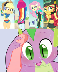 Size: 2048x2561 | Tagged: safe, artist:sunibee, edit, screencap, character:applejack, character:fluttershy, character:rainbow dash, character:spike, character:sunset shimmer, species:dragon, episode:lost and found, episode:too hot to handle, episode:unsolved selfie mysteries, g4, my little pony: equestria girls, my little pony:equestria girls, adorasexy, aww... baby turtles, beach, belly button, bikini, blushing, clothing, cropped, cute, dashabetes, diving goggles, female, headphones, hips, jackabetes, looking back, midriff, open mouth, rainbutt dash, reaction image, rear view, sexy, shorts, shovel, shyabetes, simple background, snorkel, sweat, sweating towel guy, swimming trunks, swimsuit, thighs, towel, wiping