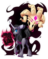 Size: 2288x2793 | Tagged: safe, artist:centchi, community related, character:fhtng th§ ¿nsp§kbl, character:oleander, species:classical unicorn, species:pony, species:unicorn, them's fightin' herds, black magic, book, cloven hooves, curved horn, demon, featureless crotch, female, glowing eyes, horn, leonine tail, lidded eyes, looking back, magic, male, mare, simple background, skull, smiling, telekinesis, unicornomicon, unshorn fetlocks, watermark, white background