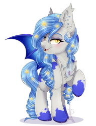 Size: 1024x1341 | Tagged: safe, artist:pvrii, oc, oc only, oc:midnight radiance, species:bat pony, species:pony, bat pony oc, colored hooves, ethereal mane, female, galaxy mane, mare, raised hoof, simple background, smiling, solo, transparent background