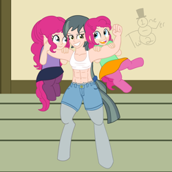 Size: 1500x1500 | Tagged: safe, artist:oneovertwo, oc, oc only, oc:faddle, oc:fiddle, oc:purity quartz, parent:marble pie, parent:pinkie pie, satyr, abs, clothing, cute, denim, denim shorts, midriff, offspring, shorts, skirt, sports bra
