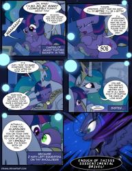 Size: 1275x1650 | Tagged: safe, artist:dsana, character:princess celestia, character:princess luna, character:spike, character:twilight sparkle, species:alicorn, species:dragon, species:pony, species:unicorn, comic:the shadow shard, blushing, book, comic, crying, dialogue, dream, dream walker luna, female, filly, filly twilight sparkle, hug, mare in the moon, moon, semi-grimdark series, speech bubble, winghug, younger