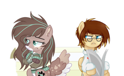 Size: 1024x630 | Tagged: safe, artist:mintoria, base used, oc, oc only, oc:bri, oc:mint, species:pegasus, species:pony, clothing, female, glasses, mare, newspaper, simple background, sweater, transparent background