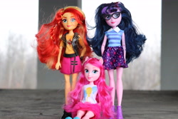 Size: 6000x4000 | Tagged: safe, artist:artofmagicpoland, character:pinkie pie, character:sunset shimmer, character:twilight sparkle, my little pony:equestria girls, doll, female, irl, photo, reboot series, showcase, toy