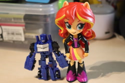 Size: 6000x4000 | Tagged: safe, artist:artofmagicpoland, character:sunset shimmer, my little pony:equestria girls, crossover, doll, equestria girls minis, optimus prime, optiset, shipping, toy, transformers