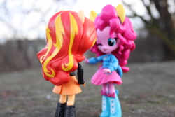 Size: 6000x4000 | Tagged: safe, artist:artofmagicpoland, character:pinkie pie, character:sunset shimmer, my little pony:equestria girls, conversation, doll, equestria girls minis, irl, photo, photography, talking to eachother, toy