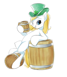 Size: 2119x2444 | Tagged: safe, artist:vistamage, oc, oc only, species:pony, alcohol, barrel, clothing, colored sketch, female, hat, holiday, looking at you, saint patrick's day, smiling