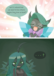 Size: 1000x1412 | Tagged: safe, artist:howxu, character:queen chrysalis, species:anthro, species:changeling, spoiler:comic, ..., changeling queen, chrysalis encounters herself, chrysalis meets reversalis, clothing, comic, curved horn, cute, cutealis, dawwww, dialogue, dork, dorkalis, duo, eyes closed, female, glasses, heart, hnnng, howxu is trying to murder us, open mouth, ponidox, question mark, reversalis, self ponidox, smiling, speech bubble, who the hell are you
