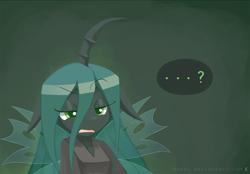 Size: 1000x695 | Tagged: safe, artist:howxu, character:queen chrysalis, species:anthro, species:changeling, ..., changeling queen, clothing, cropped, curved horn, female, question mark, reaction image, solo