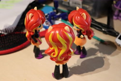 Size: 6000x4000 | Tagged: safe, artist:artofmagicpoland, derpibooru original, character:sunset shimmer, my little pony:equestria girls, bacon hair, doll, equestria girls minis, female, foreshadowing, hairbrush, irl, knife, multeity, optimus prime, photo, self paradox, toy, transformers, triality, trio