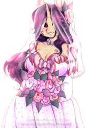 Size: 2893x4092 | Tagged: safe, artist:yukomaussi, oc, oc only, species:anthro, species:pony, species:unicorn, anthro oc, big breasts, bouquet, breasts, cleavage, clothing, dress, female, flower, hair over one eye, jewelry, mare, necklace, simple background, solo, wedding dress, wedding veil, white background