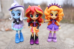 Size: 6000x4000 | Tagged: safe, artist:artofmagicpoland, character:adagio dazzle, character:sunset shimmer, character:trixie, equestria girls:rainbow rocks, g4, my little pony: equestria girls, my little pony:equestria girls, blurred background, doll, equestria girls minis, irl, photo, pony ears, toy