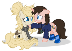 Size: 1024x720 | Tagged: safe, artist:mintoria, artist:thetardismistress, oc, oc only, oc:dusty, oc:melissa, species:pegasus, species:pony, species:unicorn, clothing, female, mare, scarf, simple background, sitting, sweater, transparent background, two toned wings