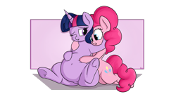 Size: 2560x1440 | Tagged: safe, artist:andelai, character:pinkie pie, character:twilight sparkle, species:earth pony, species:pony, species:unicorn, belly, belly button, bellyrubs, cuddling, duo, fat, female, frog (hoof), implied lesbian, implied shipping, implied twinkie, mare, simple background, squishy, transparent background, twilard sparkle, underhoof