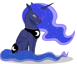 Size: 3938x3295 | Tagged: safe, artist:bri-sta, artist:kopcap94, edit, character:princess luna, species:alicorn, species:pony, color edit, colored, cutie mark, ethereal mane, female, galaxy mane, glowing eyes, horn, jewelry, mare, missing accessory, regalia, shadow, simple background, sitting, solo, transparent background, vector, vector edit