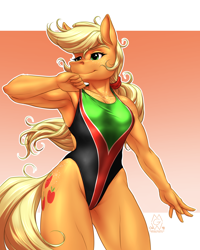 Size: 2280x2850 | Tagged: safe, artist:mykegreywolf, character:applejack, species:anthro, species:earth pony, species:pony, applejacked, armpits, athletic, clothing, cute, female, high-cut clothing, jackabetes, mare, muscles, muscular female, one-piece swimsuit, pose, sexy, simple background, solo, sports outfit, sports swimsuit, swimsuit