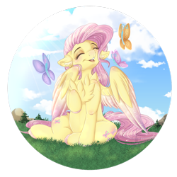Size: 1024x1026 | Tagged: safe, artist:pvrii, character:fluttershy, species:pegasus, species:pony, both cutie marks, butterfly, chest fluff, cloud, colored hooves, colored wings, colored wingtips, crepuscular rays, cute, ear fluff, eyes closed, female, floppy ears, grass, happy, mare, open mouth, outdoors, raised hoof, shyabetes, simple background, sitting, sky, smiling, spread wings, transparent background, wings