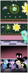 Size: 925x2440 | Tagged: safe, artist:invisibleguy-ponyman, edit, character:dinky hooves, character:liza doolots, character:lyra heartstrings, character:minuette, character:petunia, character:princess celestia, character:ruby pinch, character:tootsie flute, character:twilight sparkle, species:alicorn, species:pony, species:unicorn, comic:the pony the girl and the wardrobe, chalkboard, comic, cropped, female, filly, filly lyra, filly minuette, filly twilight sparkle, heliocentric theory, heresy, mare in the moon, moon, shocked, silhouette, sun, younger