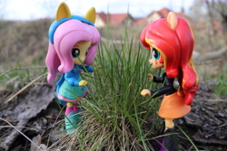 Size: 6000x4000 | Tagged: safe, artist:artofmagicpoland, character:fluttershy, character:sunset shimmer, ship:sunshyne, my little pony:equestria girls, clothing, doll, equestria girls minis, eqventures of the minis, female, irl, lesbian, photo, photography, planting, shipping, sweater, sweatershy, toy, wondercolts uniform