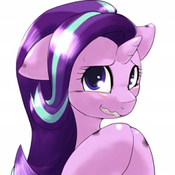 Size: 2048x2048 | Tagged: safe, artist:kurogewapony, character:starlight glimmer, species:pony, species:unicorn, adorkable, cute, dork, embarrassed, female, glimmerbetes, grin, nervous, nervous grin, scorched, smiling, solo