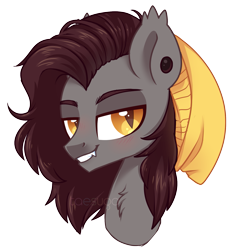 Size: 1599x1714 | Tagged: safe, artist:hawthornss, oc, oc only, oc:rewrite auriar, species:bat pony, species:pony, bat pony oc, beanie, bedroom eyes, blushing, chest fluff, clothing, cute, cute little fangs, ear fluff, fangs, hat, looking at you, male, simple background, smiling, solo, stallion, transparent background