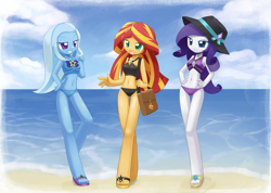 Size: 1406x1000 | Tagged: safe, alternate version, artist:howxu, character:rarity, character:sunset shimmer, character:trixie, g4, my little pony: equestria girls, my little pony:equestria girls, adorasexy, beach, beach babe, belly button, bikini, bikini babe, bikini bottom, clothing, cute, diatrixes, feet, female, happy, hat, looking at you, midriff, raribetes, sand, sandals, sexy, shimmerbetes, smiling, smug, sun hat, swimsuit, trio female