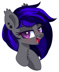 Size: 1392x1702 | Tagged: safe, artist:hawthornss, oc, oc only, oc:moonshadow, species:bat pony, bat pony oc, bedroom eyes, chest fluff, cute, cute little fangs, ear fluff, fangs, lightly watermarked, looking at you, open mouth, simple background, smiling, solo, transparent background, watermark