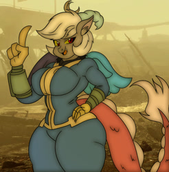 Size: 776x788 | Tagged: safe, artist:jacalope, artist:mad'n evil, edit, character:discord, oc:eris, species:anthro, big breasts, breasts, colored, fallout, fallout 4, rule 63