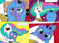 Size: 4354x3159 | Tagged: safe, artist:eternaljonathan, character:princess celestia, character:princess luna, species:alicorn, species:pony, comic:first three back, :<, canterlot, castle, comic, female, floppy ears, hug, mare, open mouth, pencil drawing, s1 luna, traditional art, uvula, worried