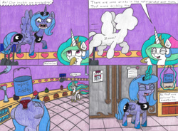 Size: 4312x3168 | Tagged: safe, artist:eternaljonathan, character:princess celestia, character:princess luna, species:alicorn, species:pony, comic:first three back, abdominal bulge, belly, canterlot, canterlot castle, castle, comic, drinking, female, flying, jar, kitchen, mare, oven, pans, pencil drawing, picture, pipe (plumbing), plot, popping, pot, refrigerator, royal sisters, slosh, soda, stomach noise, traditional art, zoom