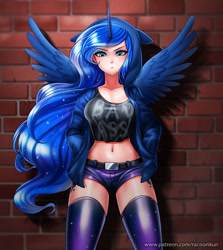 Size: 850x951 | Tagged: safe, artist:racoonsan, character:princess luna, species:human, badass, belly button, belt, breasts, brick wall, clothing, cutie mark on human, female, frown, hands in pockets, hoodie, horned humanization, humanized, jacket, leggings, looking at you, midriff, pouting, shadow, short shirt, shorts, solo, vulgar, winged humanization