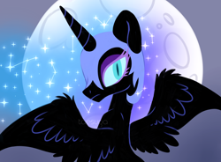 Size: 2500x1844 | Tagged: safe, artist:hawthornss, character:nightmare moon, character:princess luna, species:alicorn, species:pony, bust, constellation, female, gradient background, lightly watermarked, looking at you, mare, moon, solo, spread wings, watermark, wings