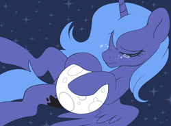 Size: 2500x1844 | Tagged: safe, artist:hawthornss, character:princess luna, species:alicorn, species:pony, crying, eyes closed, female, moon, pixel art, s1 luna, solo, space, tangible heavenly object, to the moon