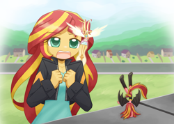 Size: 1407x1000 | Tagged: safe, artist:howxu, character:daydream shimmer, character:sunset satan, character:sunset shimmer, g4, my little pony:equestria girls, angel, clothing, crossover, cute, daydream shimmer, demon, disney, female, good end, handstand, parody, shimmerbetes, shoulder angel, shoulder devil, signature, sunset satan, sunset's conscience, the emperor's new groove, upside down