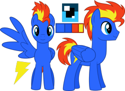 Size: 2500x1816 | Tagged: safe, artist:airfly-pony, rcf community, oc, oc only, oc:wing hurricane, species:pegasus, species:pony, big wings, cutie mark, folded wings, lighting bolt, looking at you, looking forward, male, pegasus oc, reference sheet, short tail, simple background, smiling, solo, spread wings, stallion, transparent background, vector, wings