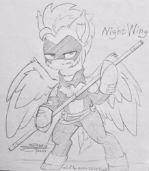 Size: 2337x2683 | Tagged: safe, artist:airfly-pony, rcf community, oc, oc only, oc:wing hurricane, species:pegasus, species:pony, angry, belt, clothing, crossover, ear fluff, lighting bolt, looking at you, male, nightwing, pegasus oc, pole, sketch, solo, stallion, suit, superhero, traditional art, weapon