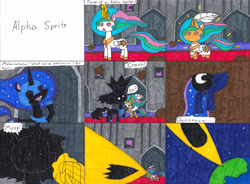 Size: 4305x3160 | Tagged: safe, artist:eternaljonathan, character:nightmare moon, character:princess celestia, character:princess luna, castle, castle of the royal pony sisters, comic, crashing, ink, laser, moon, night, original species, planet, punch, shadow, species swap, traditional art, transformation