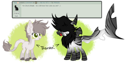 Size: 1024x522 | Tagged: safe, artist:mintoria, oc, oc only, oc:shade, oc:zira, species:mule, ask, deviantart, female, original species, shark pony, simple background, tongue out, transparent background