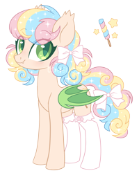 Size: 2031x2545 | Tagged: safe, artist:hawthornss, oc, oc only, oc:pretty pop, species:bat pony, species:pony, bat pony oc, bat wings, blushing, bow, clothing, colored wings, commission, cute, cutie mark, ear fluff, fangs, female, food, frilly socks, hair bow, lightly watermarked, looking at you, mare, simple background, slit eyes, smiling, socks, solo, standing, tail bow, transparent background, watermark