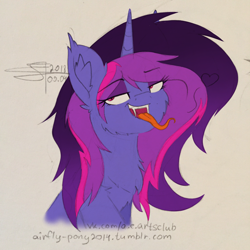 Size: 2016x2016 | Tagged: safe, artist:airfly-pony, rcf community, oc, oc only, oc:miranda, species:pony, species:unicorn, bust, covered eyes, eyelashes, fangs, female, filly, horn, long eyelashes, long fangs, long mane, long tongue, looking up, portrait, slit eyes, smiling, snake eyes, snake tongue, solo, teeth, tongue out