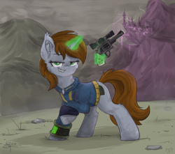 Size: 1499x1328 | Tagged: safe, artist:airfly-pony, artist:haruhi-il, rcf community, oc, oc only, oc:littlepip, species:pony, species:unicorn, fallout equestria, apocalypse, blood, brown mane, brown tail, canterlot, clothing, cute, ear fluff, fallout, fanfic, fanfic art, female, fluffy, glowing horn, gray coat, green eyes, ground, gun, handgun, hooves, horn, levitation, lidded eyes, little macintosh, looking at you, magic, mare, pink cloud (fo:e), pipbuck, raised hoof, revolver, smiling, solo, stone, teeth, telekinesis, vault suit, wasteland, weapon