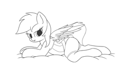 Size: 1920x1080 | Tagged: safe, artist:andelai, character:rainbow dash, species:pegasus, species:pony, clothing, corset, female, lineart, lingerie, monochrome, socks, solo, thigh highs